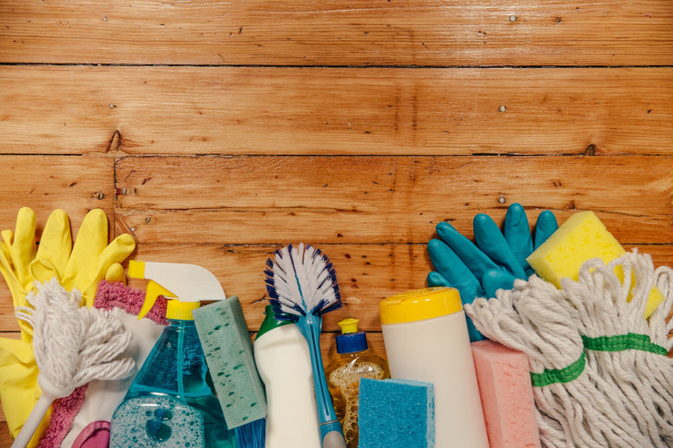 cleaning supplies, toilet plunger, gloves, mop, sponges