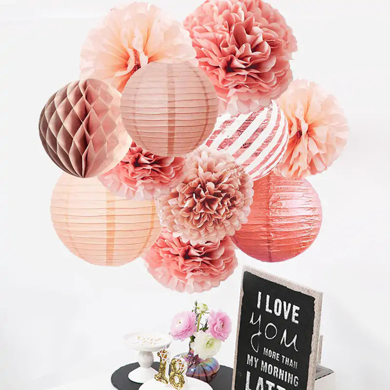 Rose Gold and Gold Party Pom Poms Lantern Set