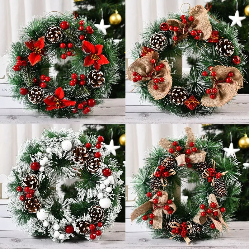 Festive Christmas Wreath Door Garlands with Glittering Ornaments and Pinecones