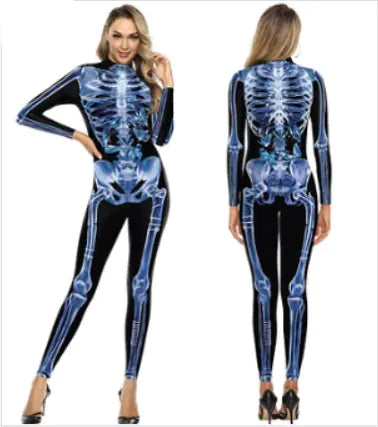 Adult Skeleton Halloween Costume - Unisex Full-Body Bone Design Jumpsuit for Men and Women