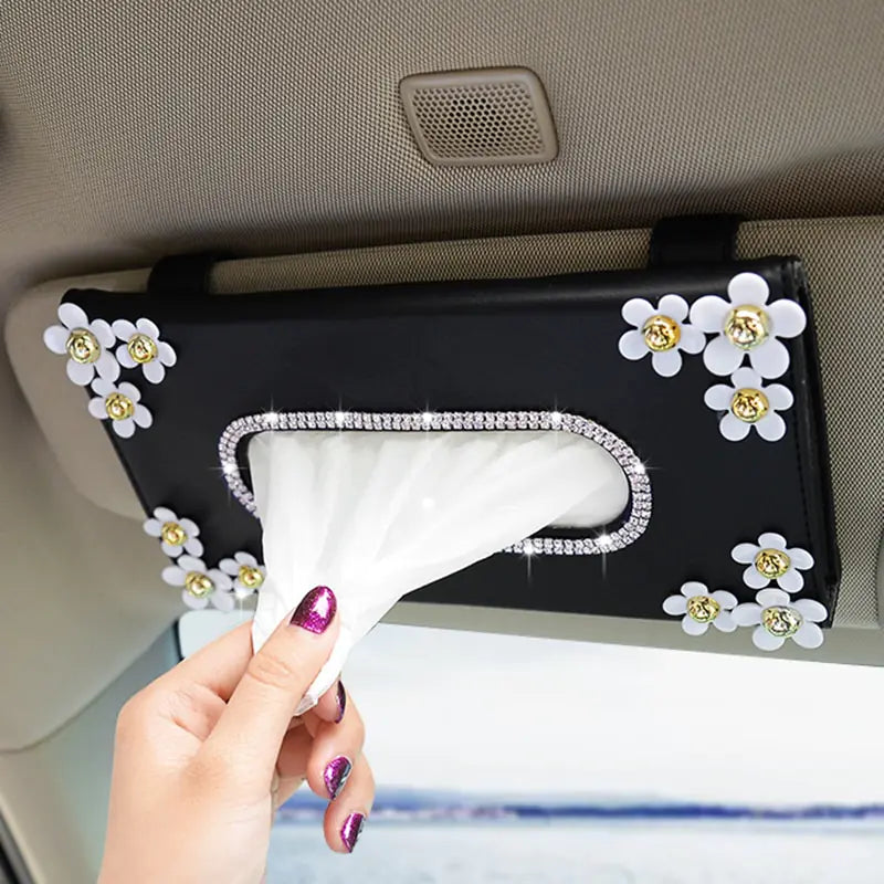 Car Crystal Tissue Box with Chrysanthemum Crystal – Elegant Visor Tissue Holder