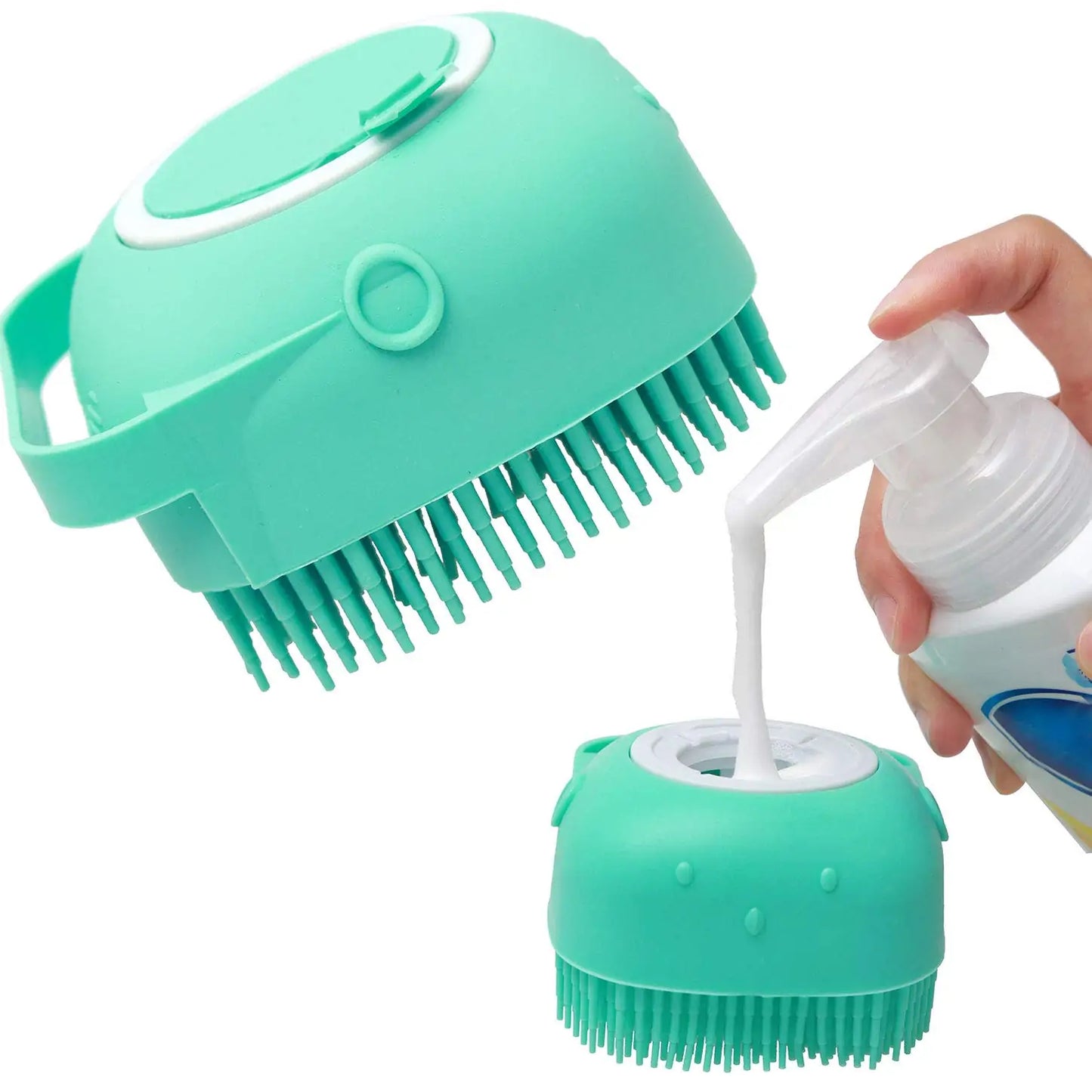 person pumping shampoo into the Silicone Pet Shampoo Brush