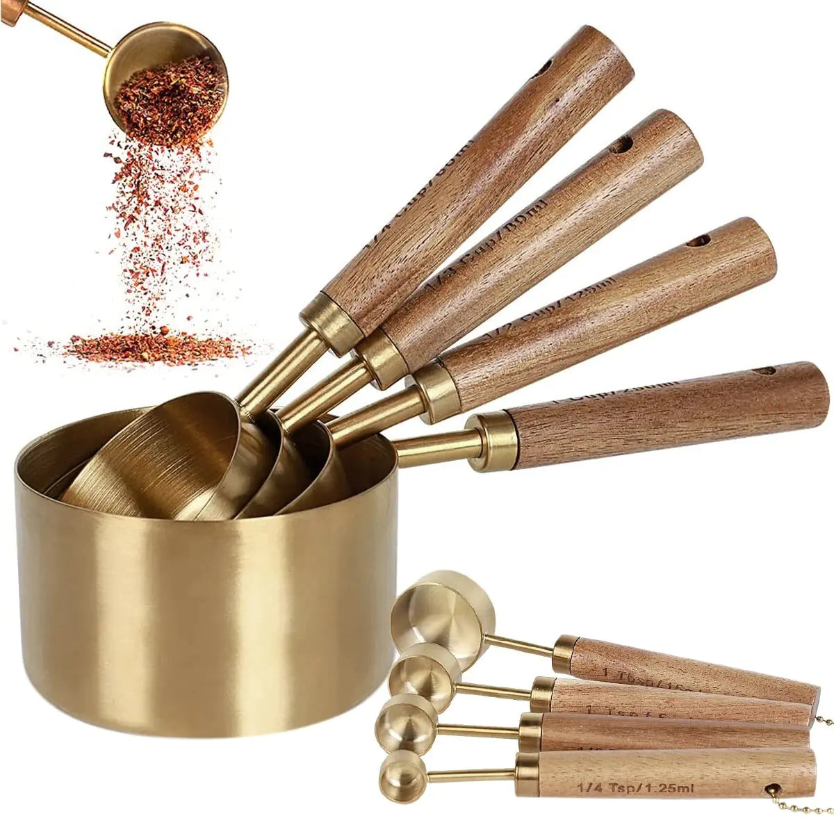 Gold Measuring Cups and Spoon Set with Wooden Handles – Precision and Style