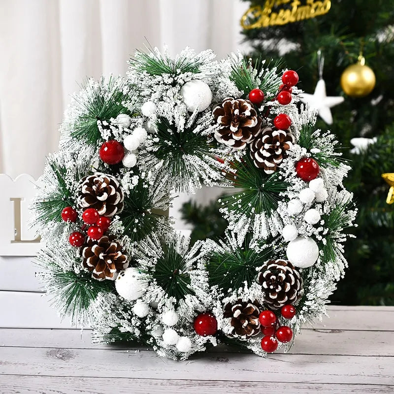 Festive Christmas Wreath Door Garlands with Glittering Ornaments and Pinecones