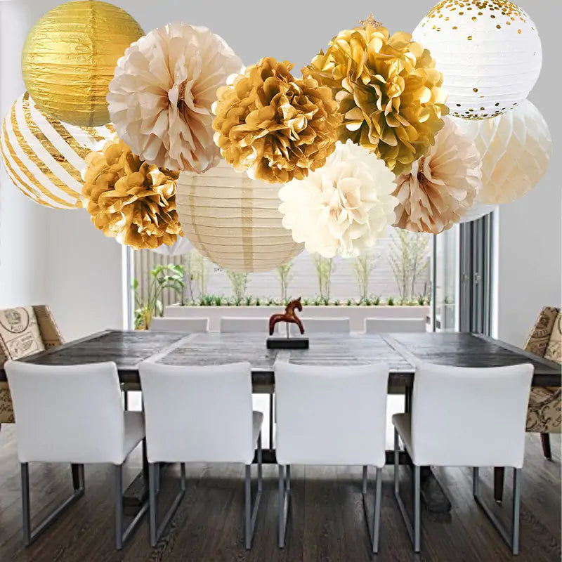Rose Gold and Gold Party Pom Poms Lantern Set
