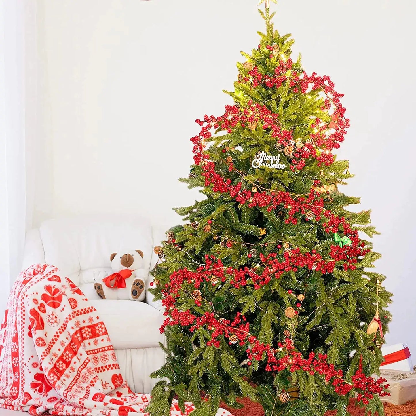 Berry Christmas Garland with Fairy String Lights – Festive Holiday Decor
