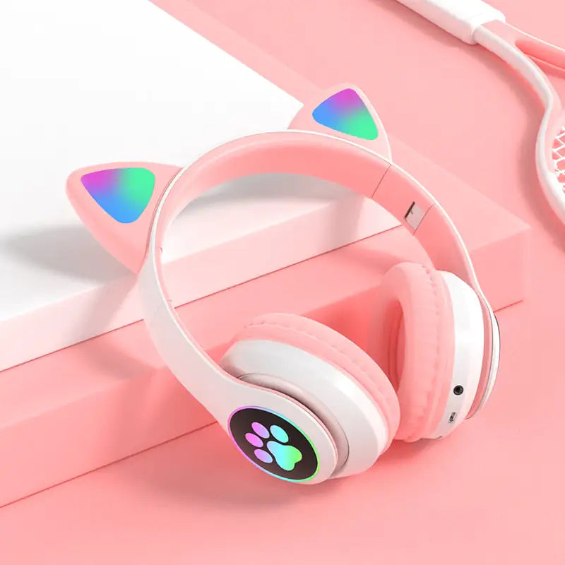 LED Cat Ear Headphones, pink with paw print