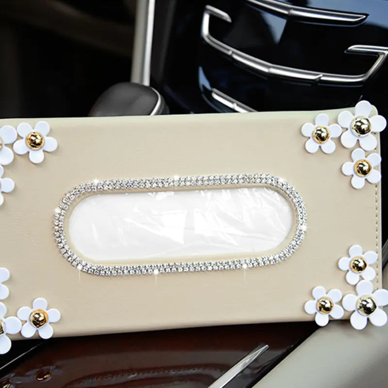 Car Crystal Tissue Box with Chrysanthemum Crystal – Elegant Visor Tissue Holder