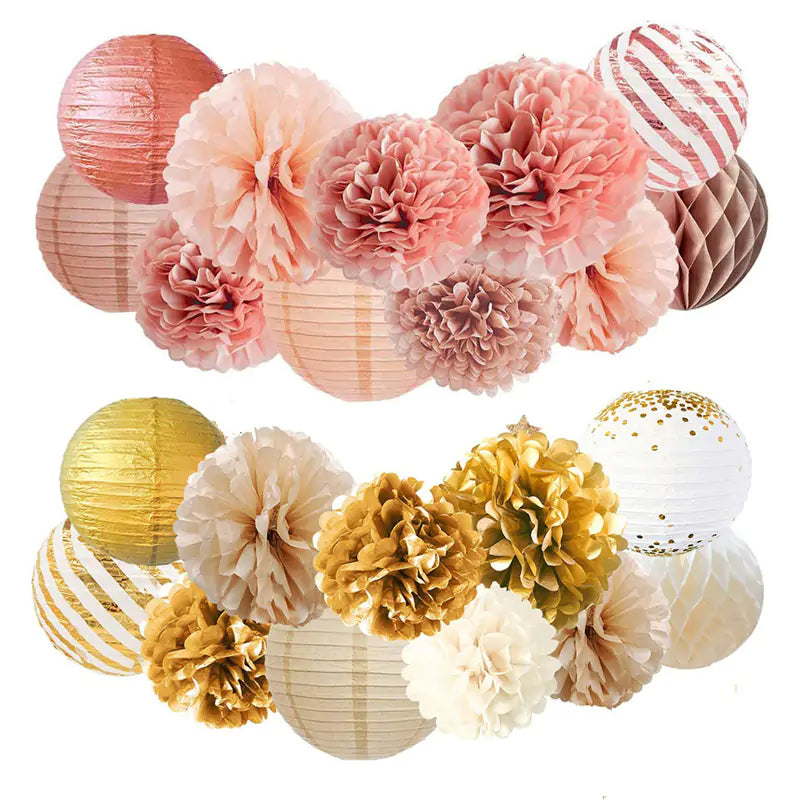 Rose Gold and Gold Party Pom Poms Lantern Set