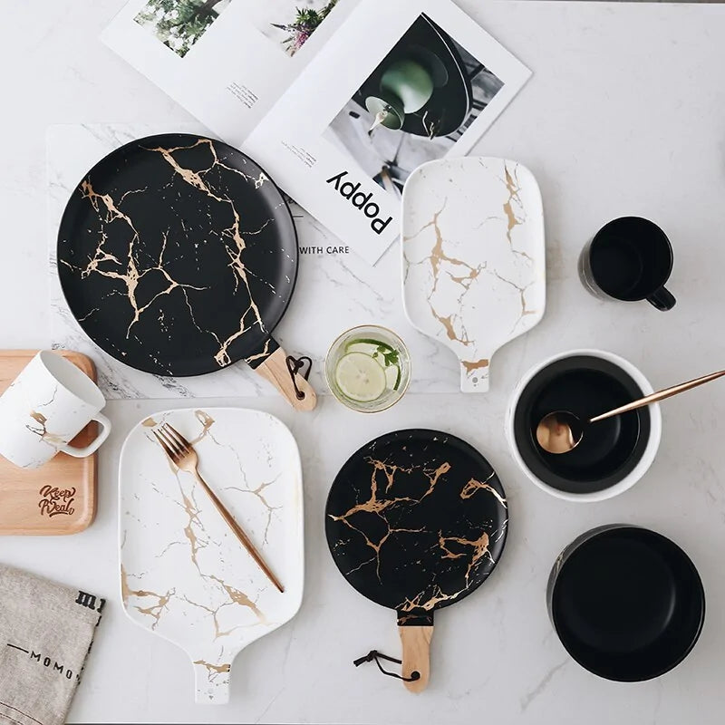 European Ceramic Party Tableware Set – Elegant Black & White Plates with Golden Accents