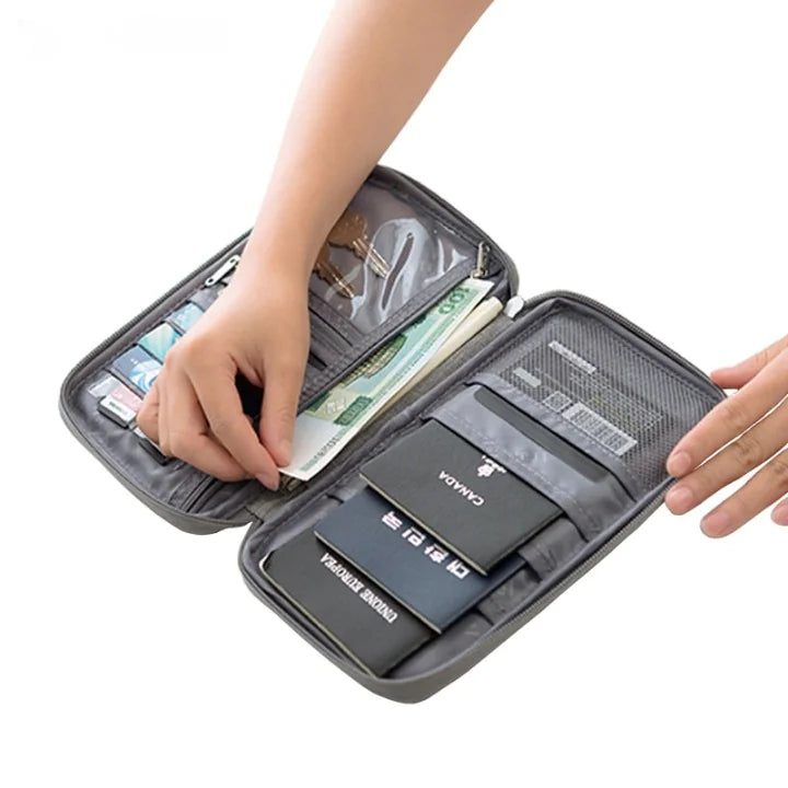 Travel Document Organizer filled with passports, money, cards, keys