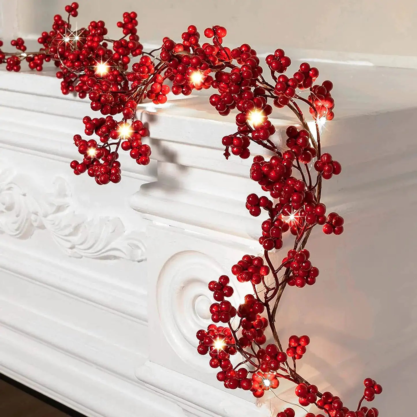 Berry Christmas Garland with Fairy String Lights – Festive Holiday Decor