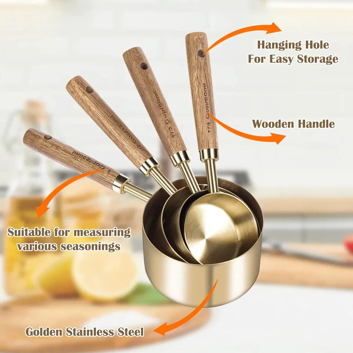 Gold Measuring Cups and Spoon Set with Wooden Handles – Precision and Style