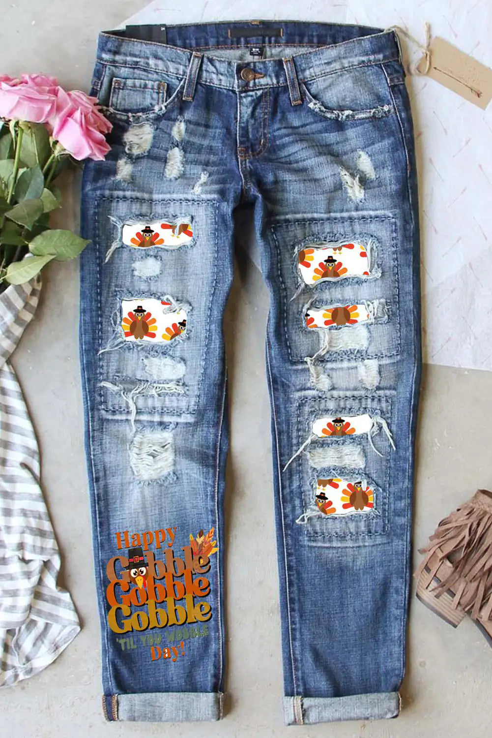 Cartoon Turkey Graphic Mid-Waist Ripped Jeans – Trendy & Comfortable Denim for All Occasions