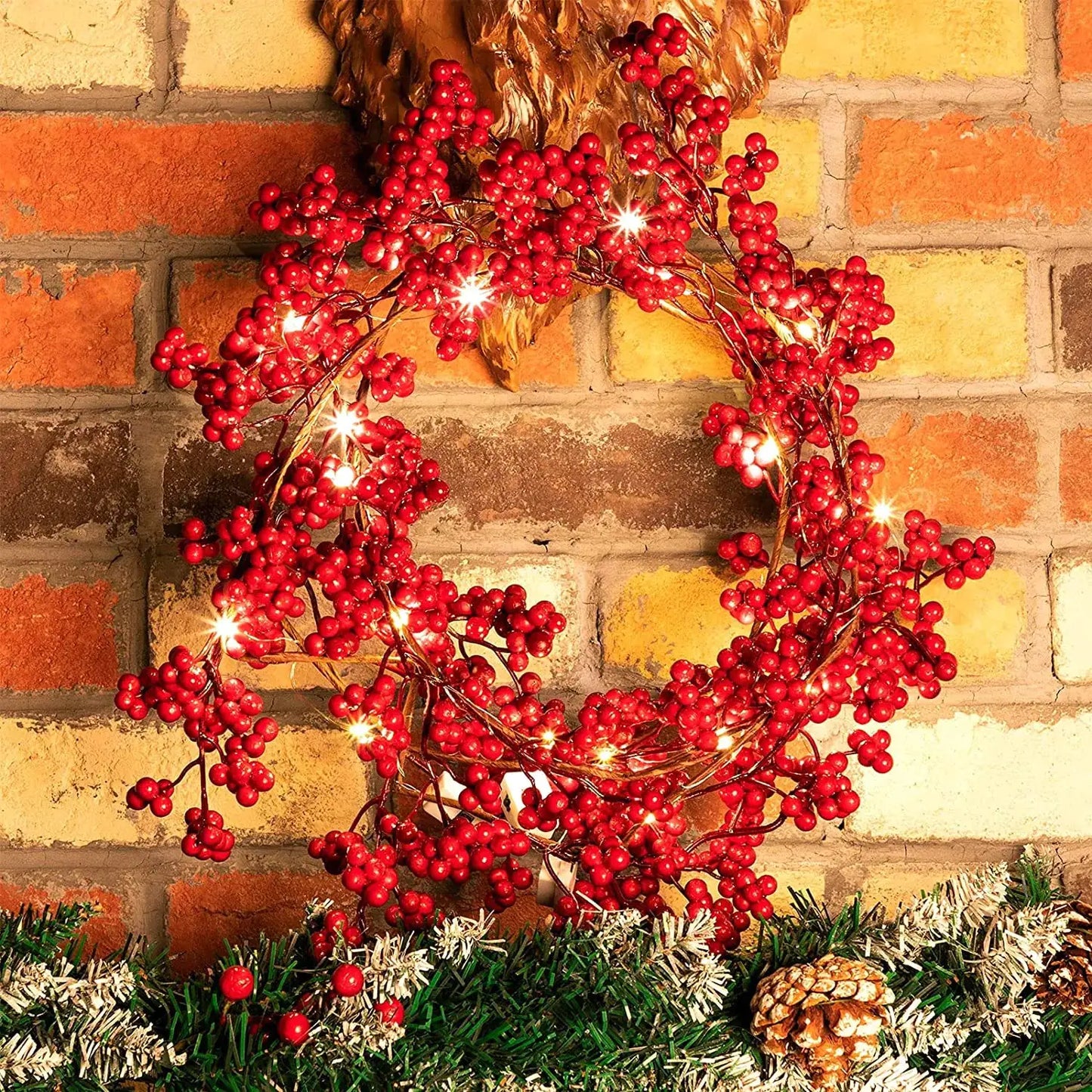 Berry Christmas Garland with Fairy String Lights – Festive Holiday Decor