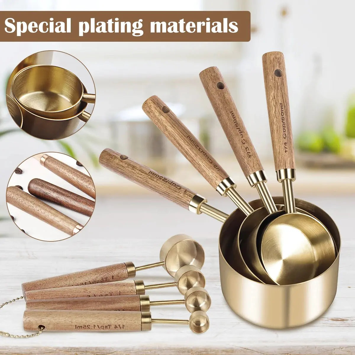 Gold Measuring Cups and Spoon Set with Wooden Handles – Precision and Style