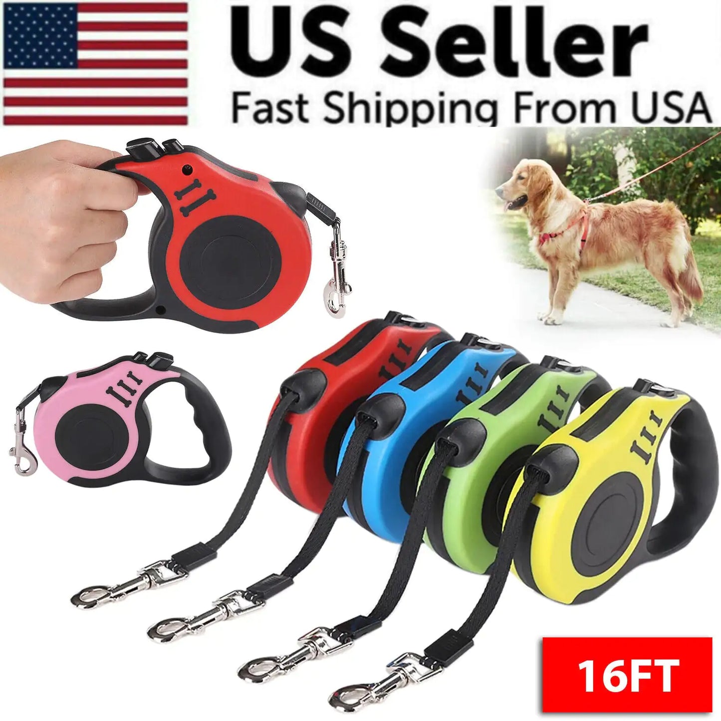 16FT Automatic Retractable Dog Leash – Durable, Tangle-Free, Color-Coded Design