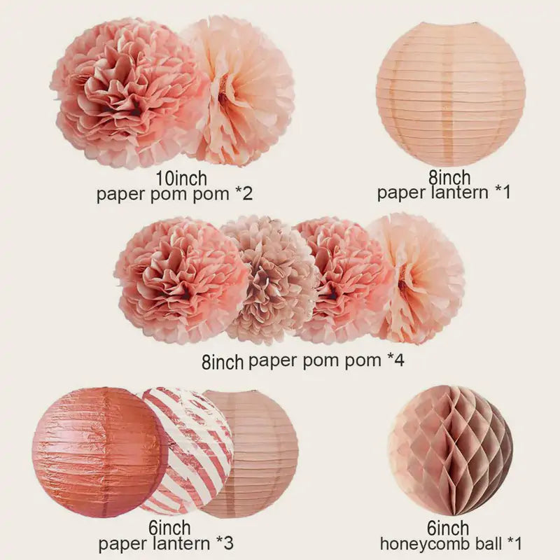 Rose Gold and Gold Party Pom Poms Lantern Set
