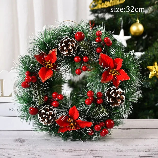 Festive Christmas Wreath Door Garlands with Glittering Ornaments and Pinecones