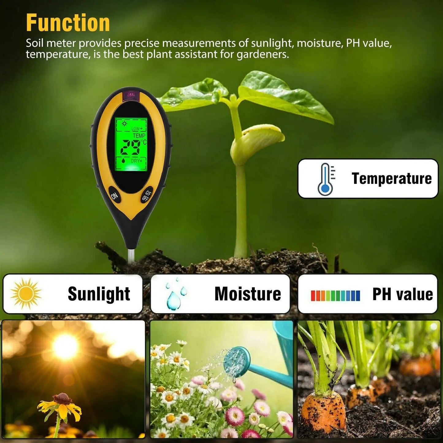 4-in-1 LCD Digital Soil Tester – pH, Moisture, Temperature & Sunlight