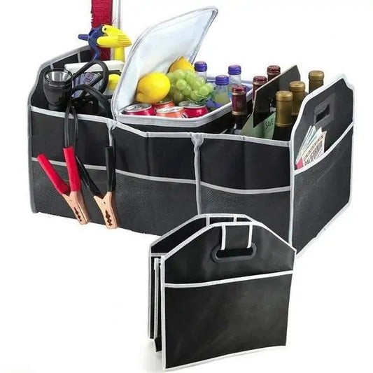 Car Trunk Organizer filled with jumper cables, food and drink