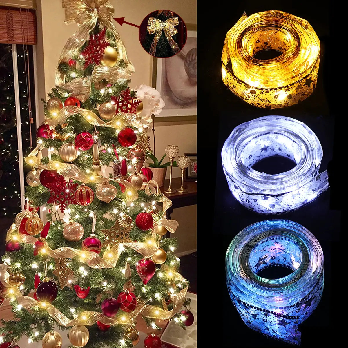 Ribbon Bows with Lights – Gold & Silver Christmas Home Decor