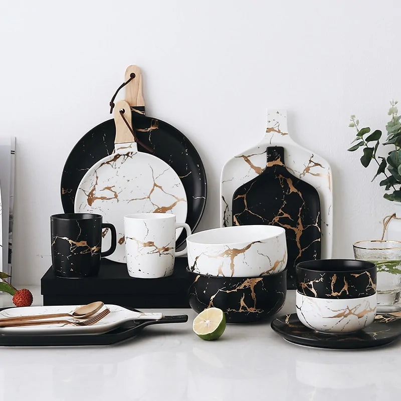European Ceramic Party Tableware Set – Elegant Black & White Plates with Golden Accents