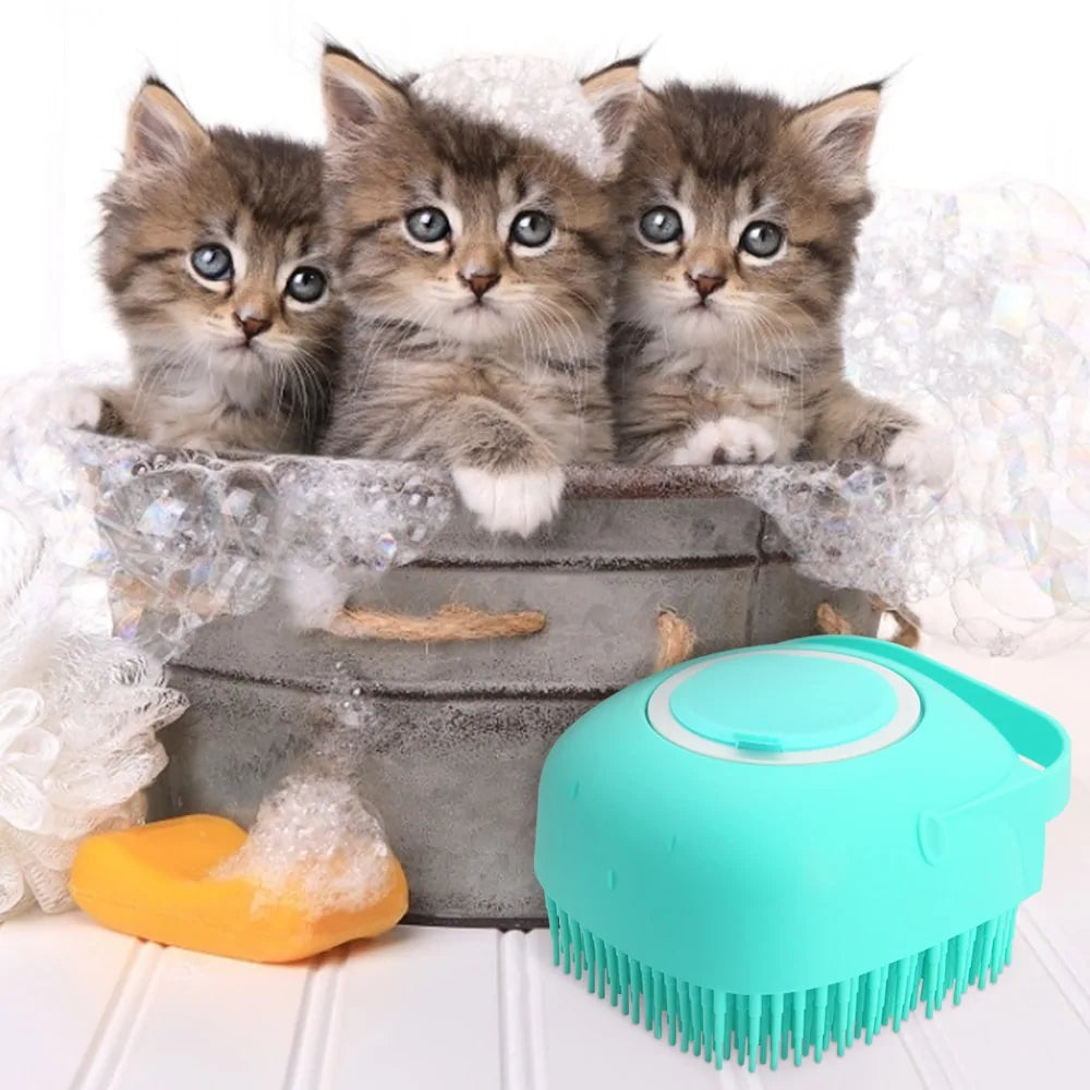 Silicone Pet Shampoo Brush next to kittens in the bath