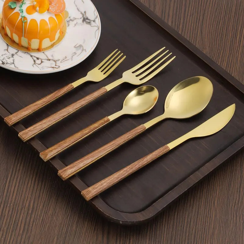 Wood Handle Cutlery Set, gold