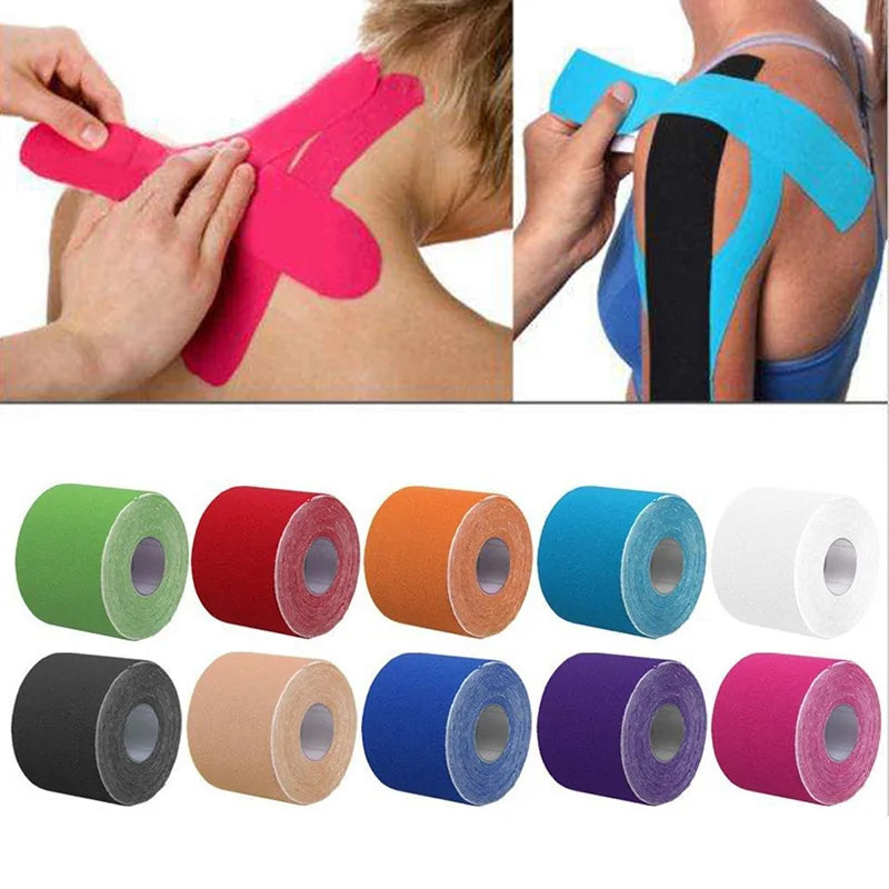 Muscle Support Kinesiology Tape being placed on the back of the neck and arm