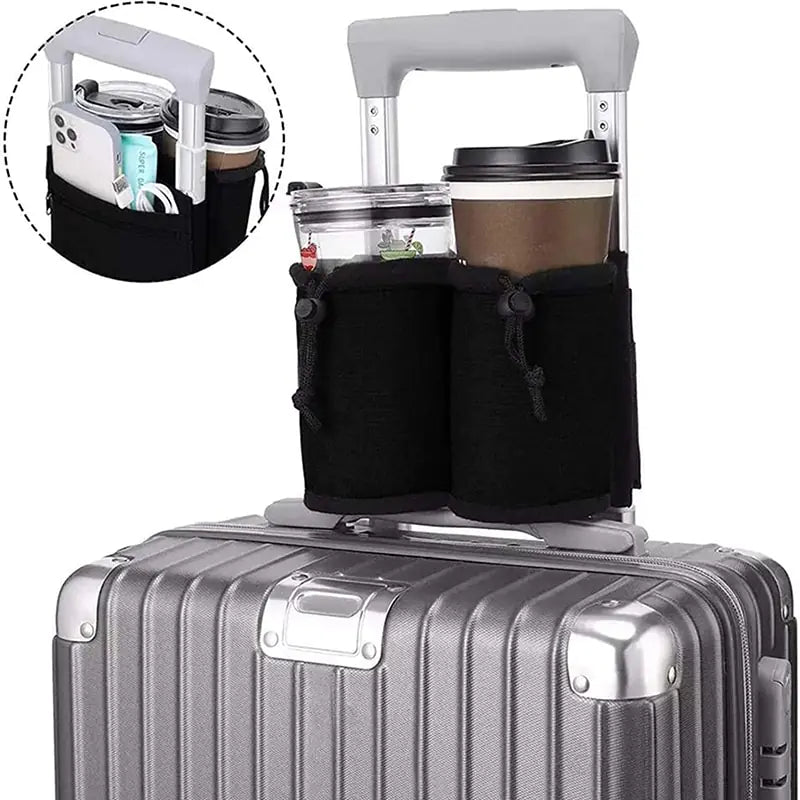 Travel Cup Holder filled with cups attached to a suitcase handle