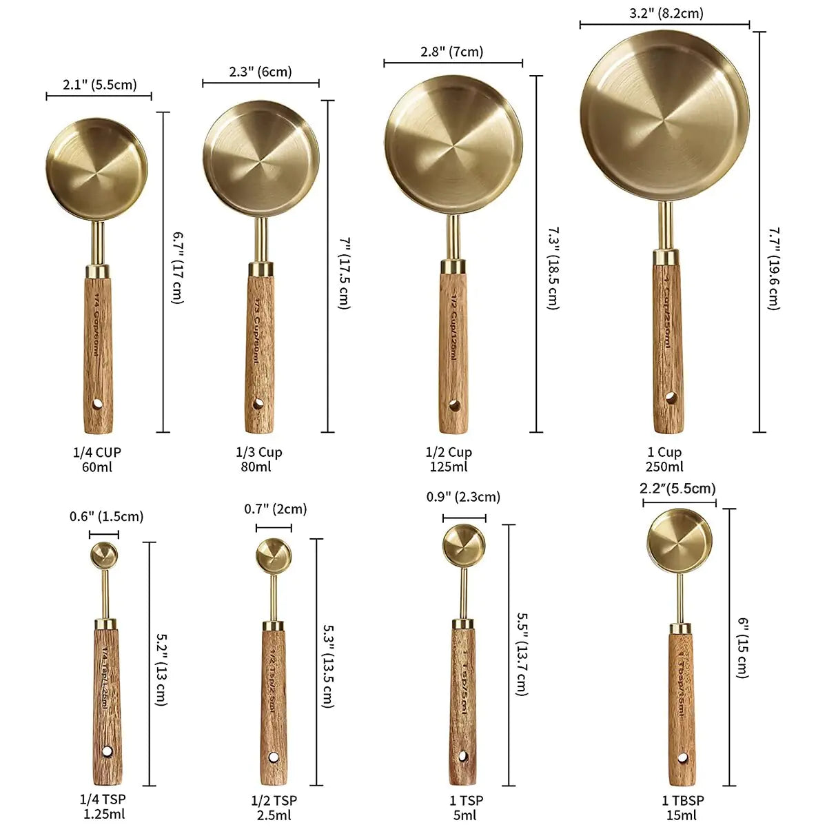 Gold Measuring Cups and Spoon Set with Wooden Handles – Precision and Style