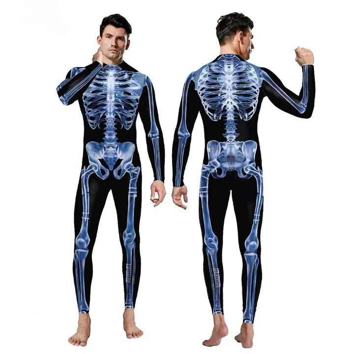 Adult Skeleton Halloween Costume - Unisex Full-Body Bone Design Jumpsuit for Men and Women