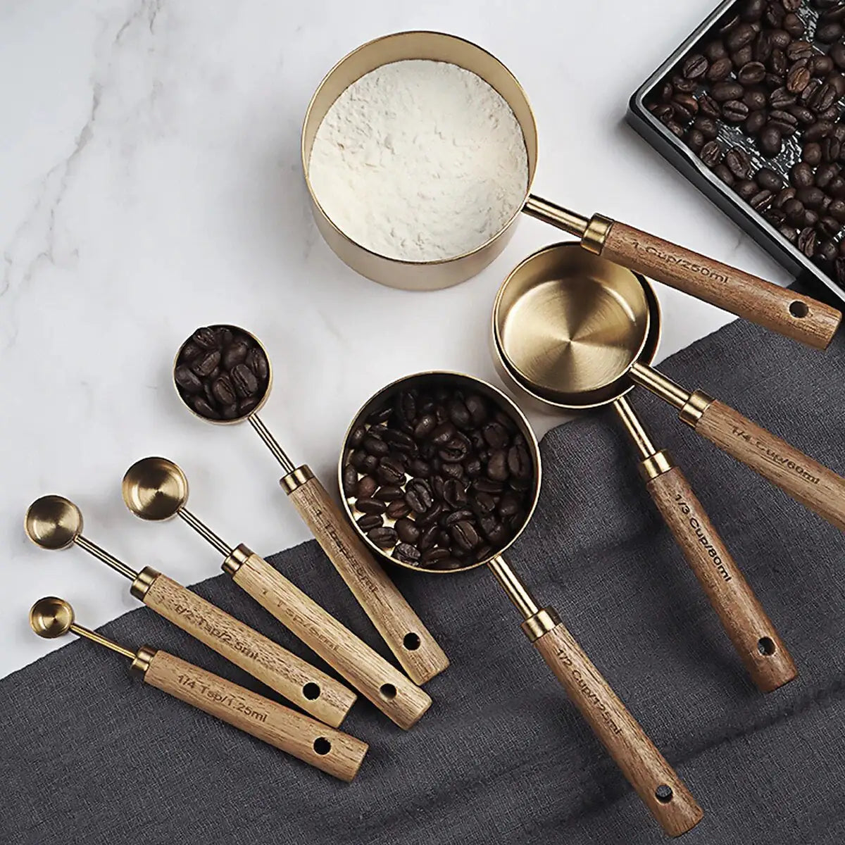 Gold Measuring Cups and Spoon Set with Wooden Handles – Precision and Style