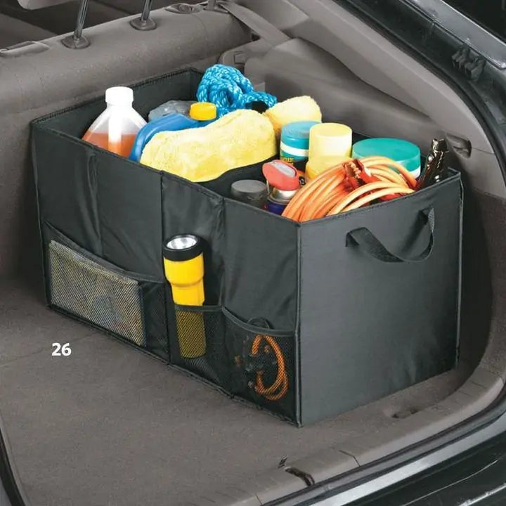 Car Trunk Organizer filled with cleaning products in the back of a trunk