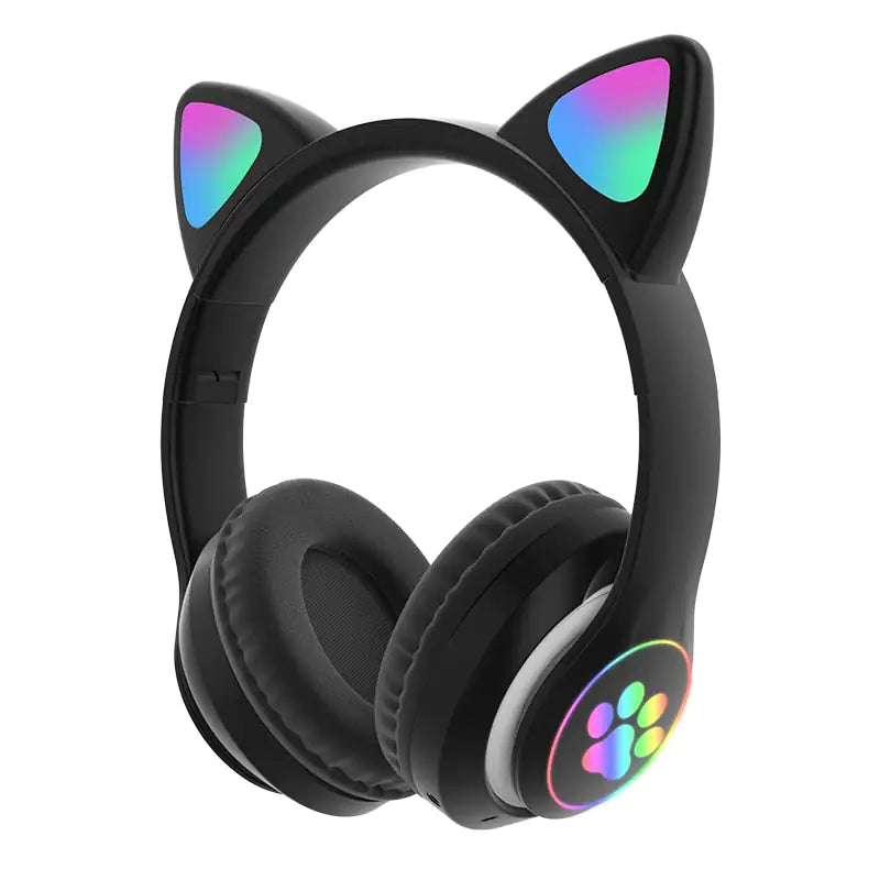 LED Cat Ear Headphones, black with paw print