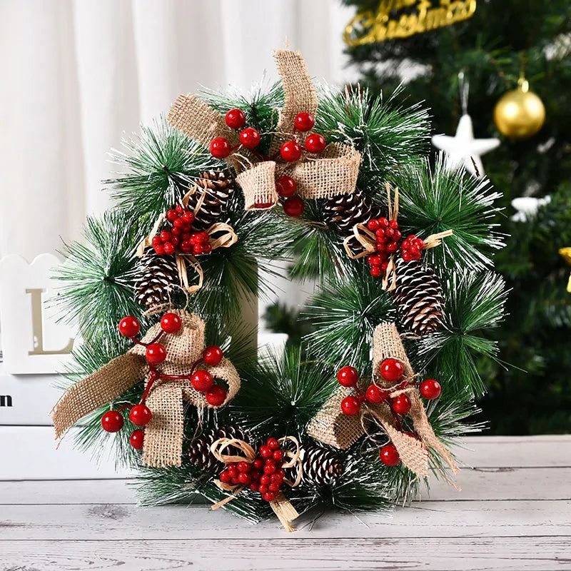 Festive Christmas Wreath Door Garlands with Glittering Ornaments and Pinecones