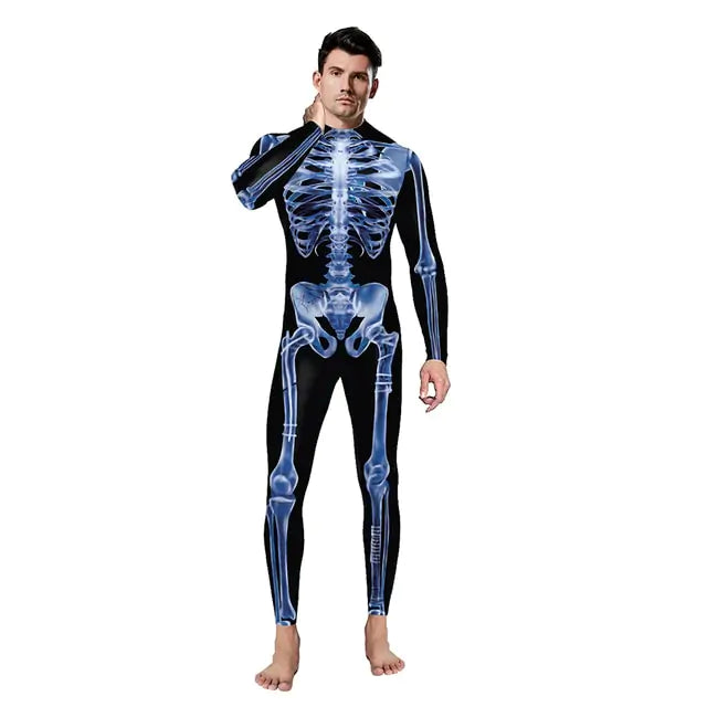 Adult Skeleton Halloween Costume - Unisex Full-Body Bone Design Jumpsuit for Men and Women