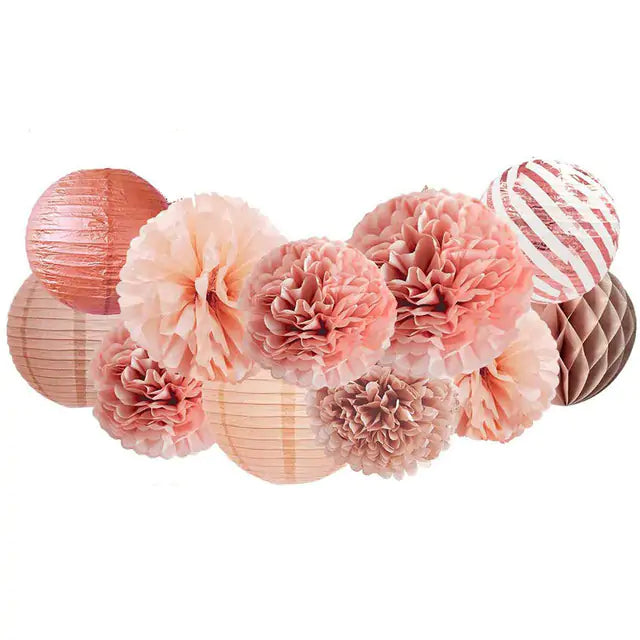Rose Gold and Gold Party Pom Poms Lantern Set