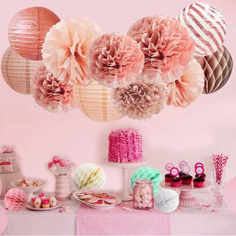 Rose Gold and Gold Party Pom Poms Lantern Set