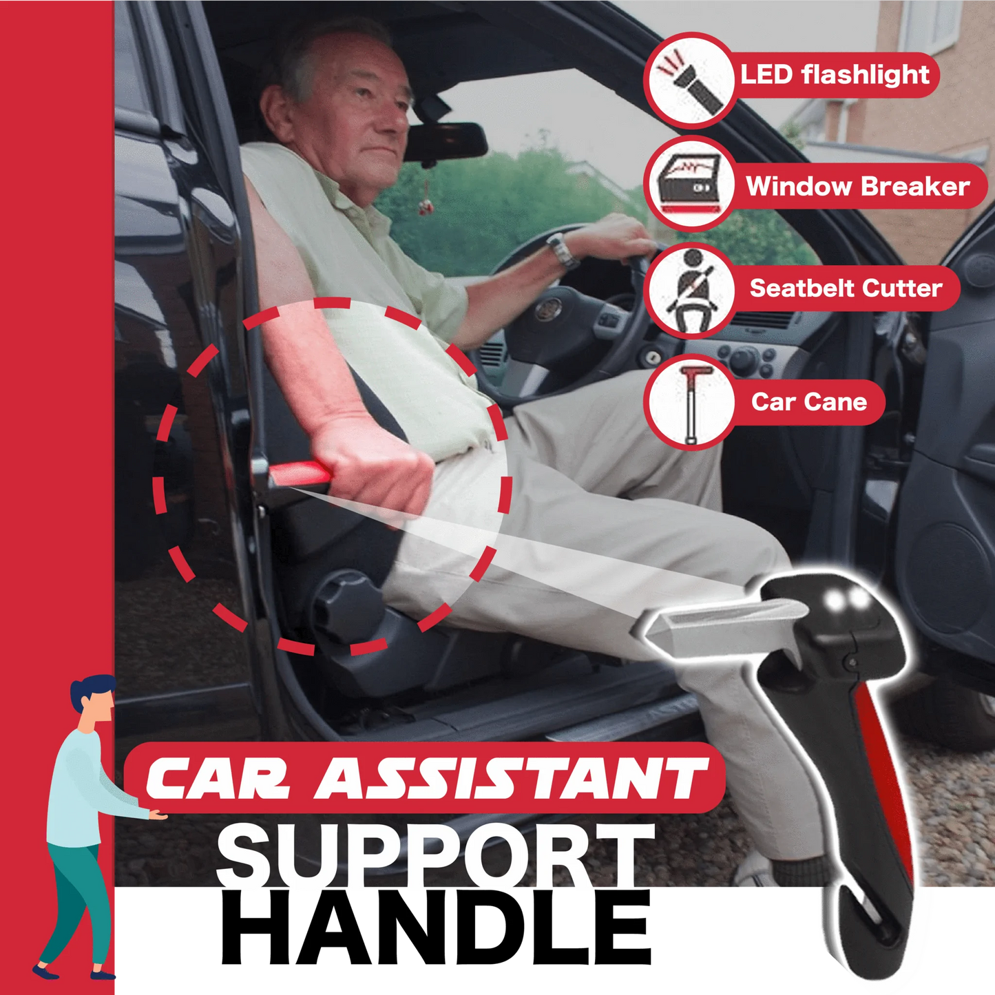 Car Door Handle Assist Bar – Easy Access Support with Window Breaker & LED Flashlight