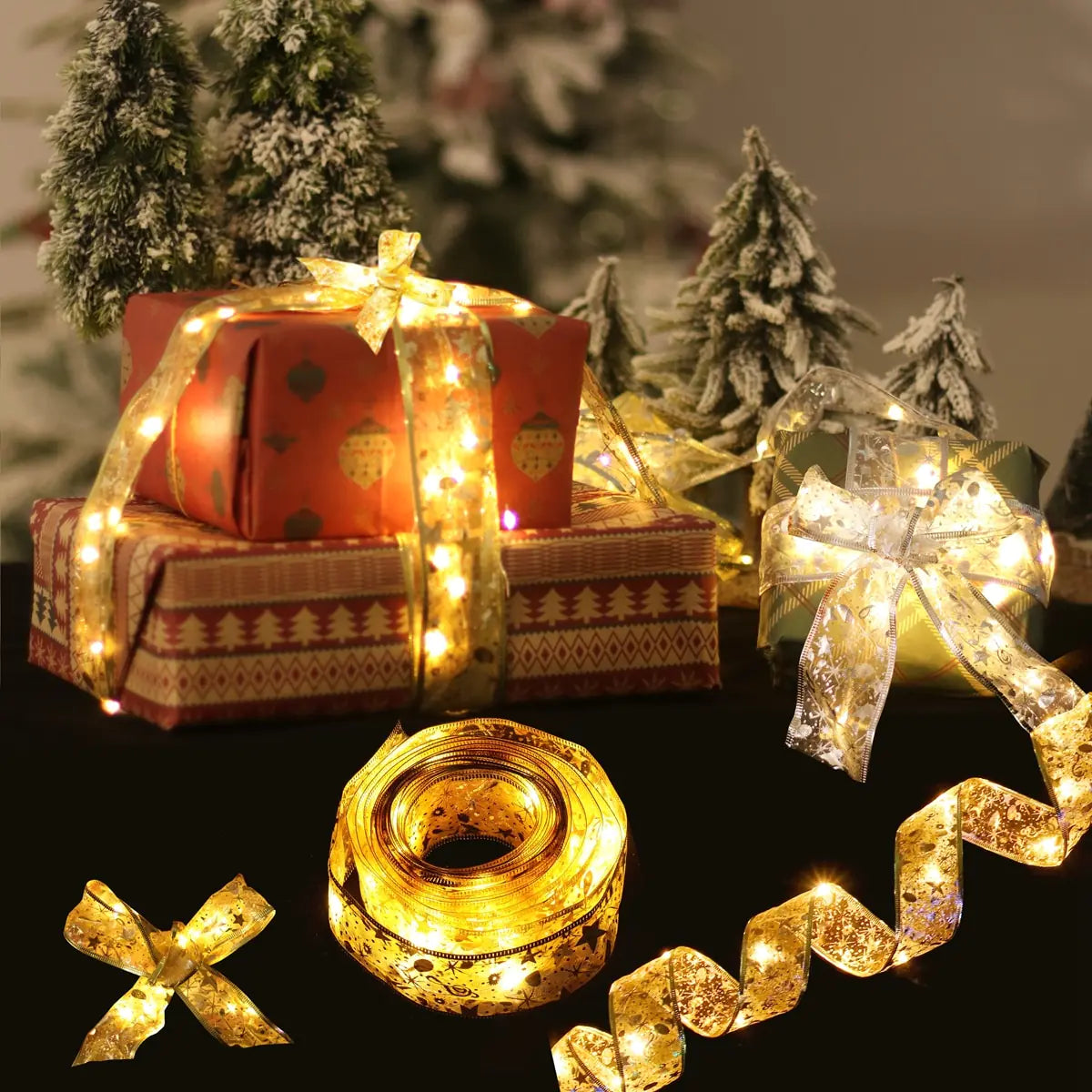 Ribbon Bows with Lights – Gold & Silver Christmas Home Decor