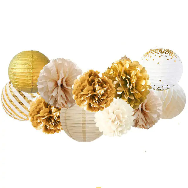 Rose Gold and Gold Party Pom Poms Lantern Set