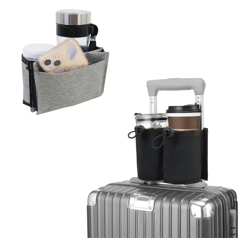Travel Cup Holder attached to a suitcase handle