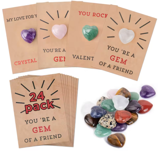 24 Pack Valentine's Day Cards with Heart-Shaped Crystals for Kids