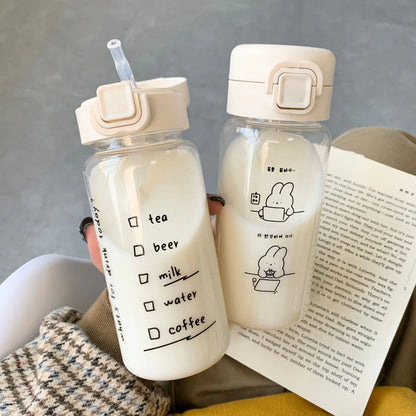 Creative Cartoon Water Bottle with Straw Cute Plastic Drinking Bottle Portable Leak-proof Drinkware for Drinking Milk Coffee Tea