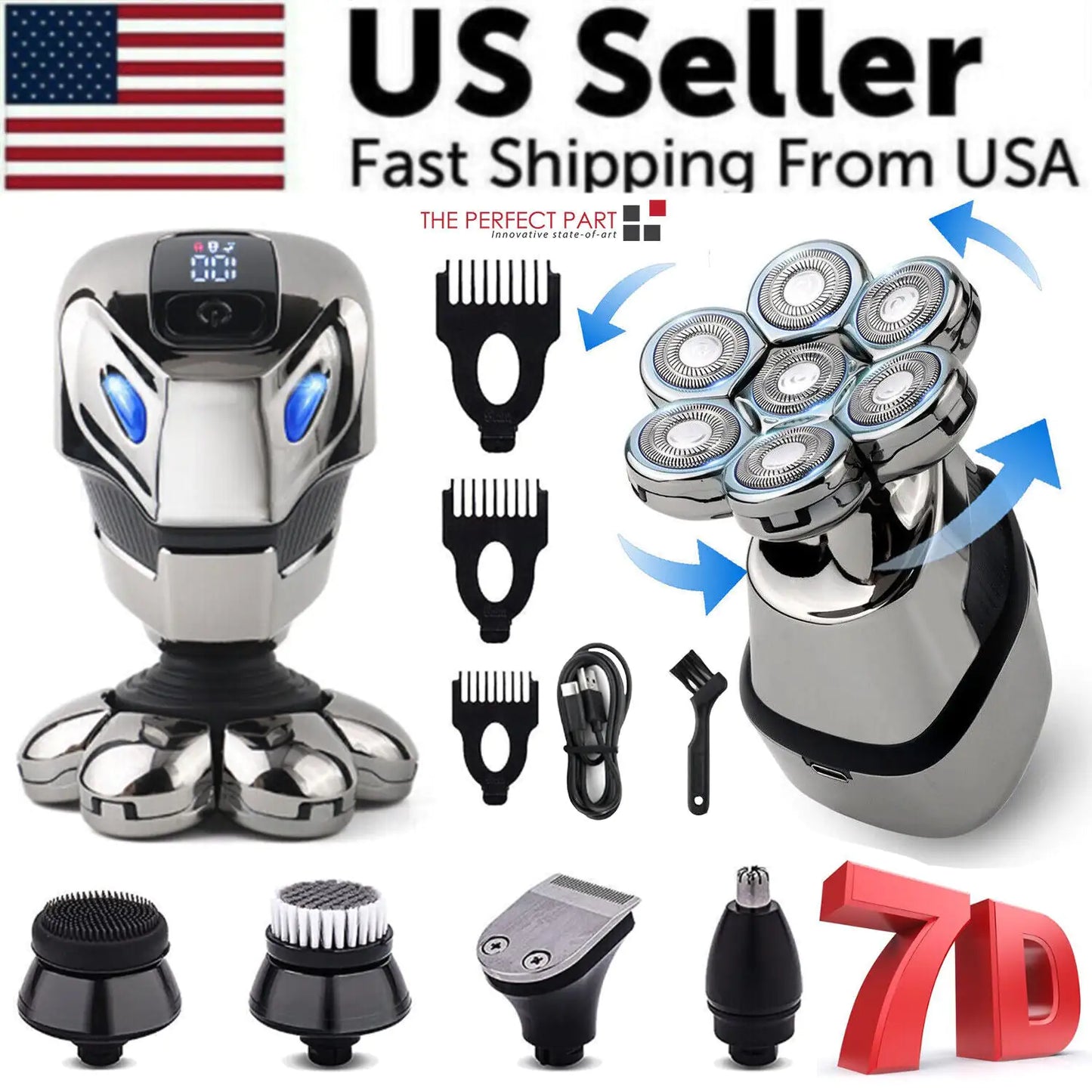 7D Cordless Shaver Hair Trimmer Men’s 5-In-1 Electric Head Shaver Razor Men Wet