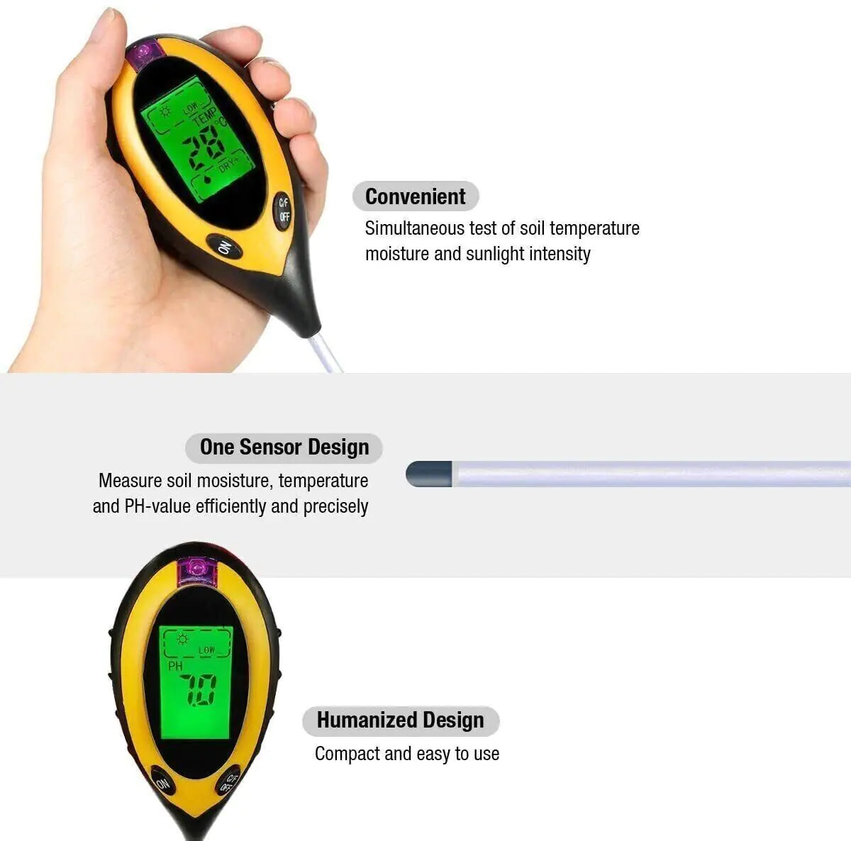 4 In 1 LCD Digital Soil Tester PH Water Moisture Temperature Sunlight Plant Test